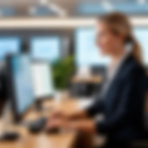 A professional receptionist engaging with a client at a front desk