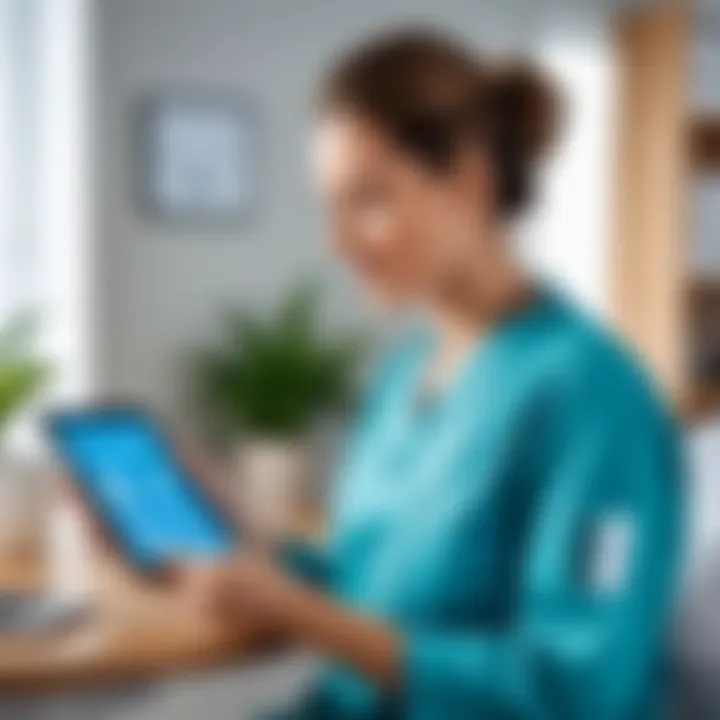 Healthcare professional using a tablet for patient management in a home setting.